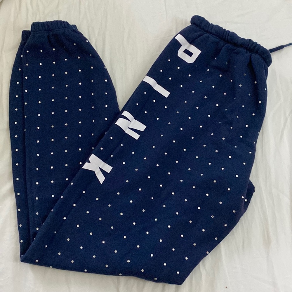 PINK Victoria Secret rhinestone sweatpants drawstring waist size XS navy joggers